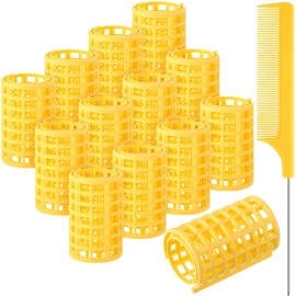 Syhood 12 Pcs Plastic Hair Rollers for Women Large Size Curlers Set Snap Roller Clips with Rat Tail Comb for Long Medium Short Hair Bangs, Salon Hairdressing Styling Tool (2.6 x 1.4 Inch,Yellow)