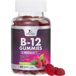 B12 Vitamins Energy Gummies 3000 mcg - Extra Strength B 12 Gummy for Metabolism & Immune System Support - Chewable Dietary B12 Supplements for Adults & Kids Caffeine Free Gummy Vitamin - 60 Gummies