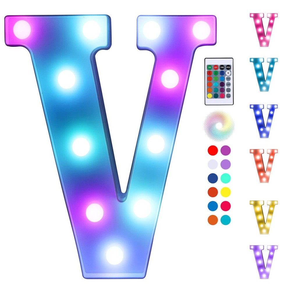 Foaky Colorful LED Letter Lights with Remote,Marquee Light Up Letters Sign for Night Light Wedding/Birthday Party Battery Powered Christmas Lamp Home Bar Decoration(V)