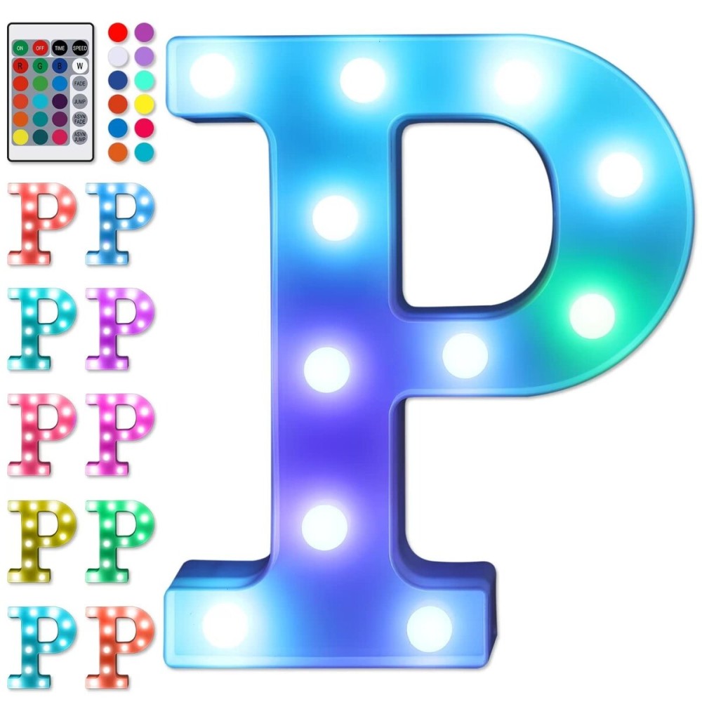 Foaky Colorful LED Letter Lights with Remote,Marquee Light Up Letters Sign for Night Light Wedding/Birthday Party Battery Powered Christmas Lamp Home Bar Decoration(P)