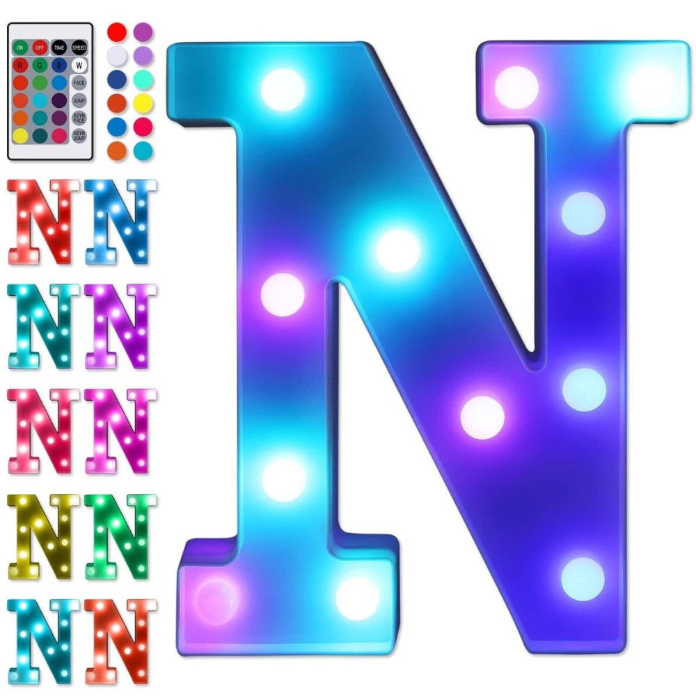 Foaky Colorful LED Letter Lights with Remote,Marquee Light Up Letters Sign for Night Light Wedding/Birthday Party Battery Powered Christmas Lamp Home Bar Decoration(N)