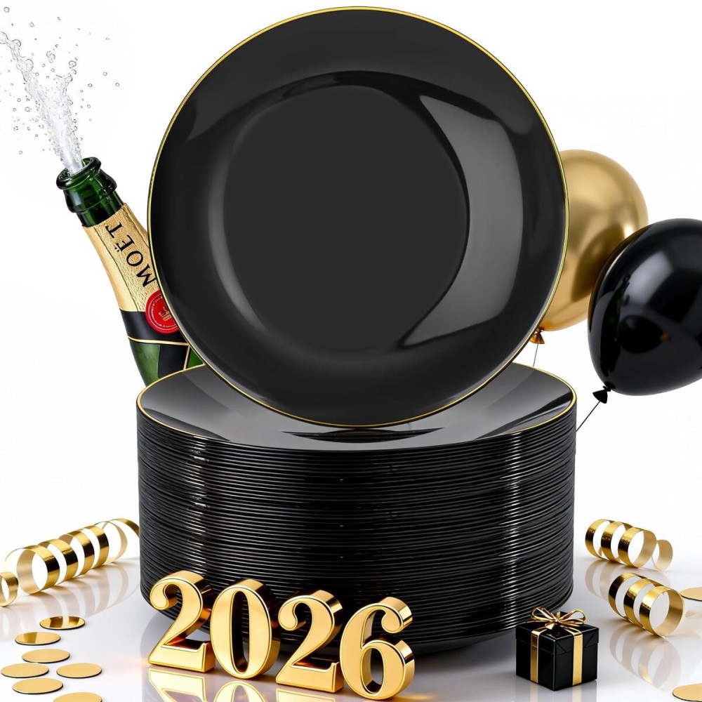 Nervure 100 Pieces Black Plastic Plates - 7.5inch Black Dessert Plates - Disposable Gold Plastic Plate - Disposable Plate Ideal for Wedding & Party & New Year