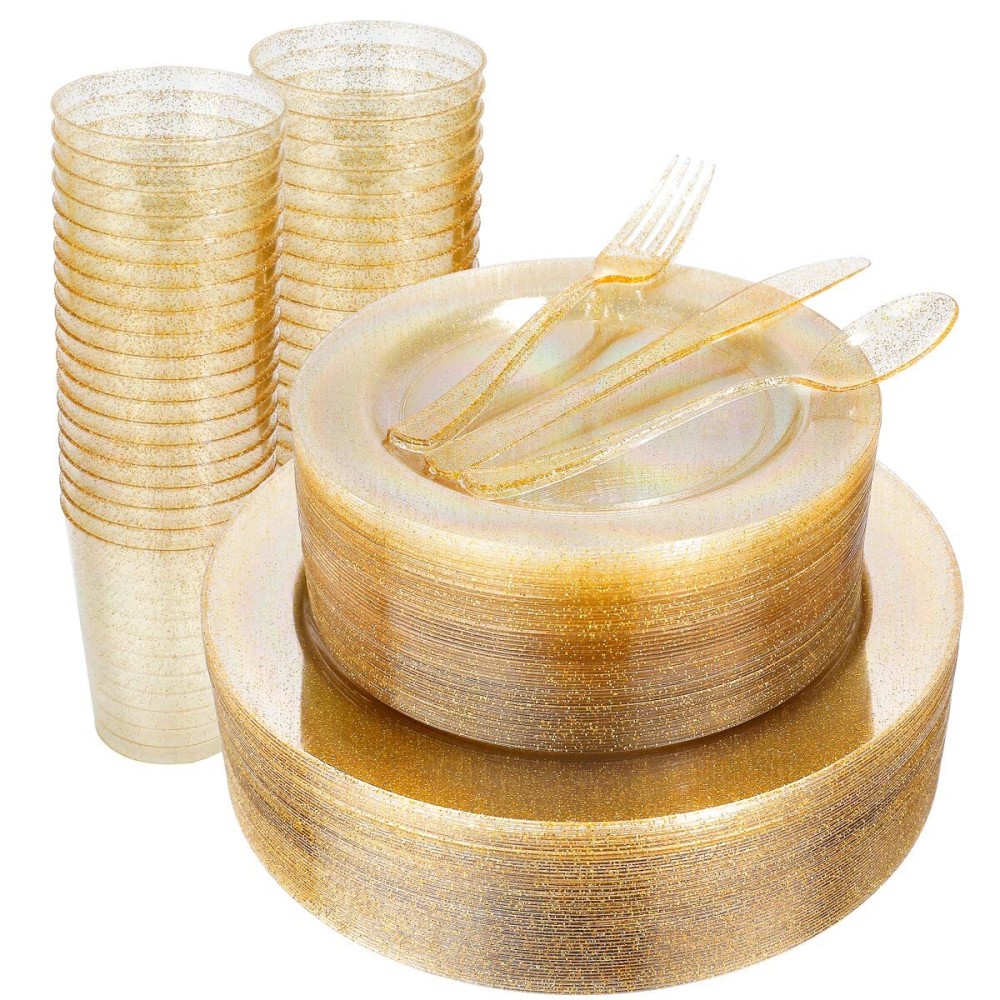WELLIFE 300PCS Gold Glitter Plastic Plates, Gold Plastic Dinnerware Includes: 50 Dinner and 50 Dessert Plates, 150 Cutlery, 50 Cups for Party