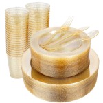WELLIFE 300PCS Gold Glitter Plastic Plates, Gold Plastic Dinnerware Includes: 50 Dinner and 50 Dessert Plates, 150 Cutlery, 50 Cups for Party