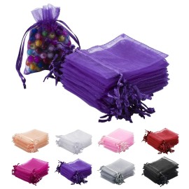 MOTYAWN 100Pcs Organza Bags 2x3 Purple Sheer Drawstring Gift Bags Jewelry Pouches Wedding Party Christmas Favor Gift Bags, Little Mesh Gift Pouches Mini Candy Bags for Small Presents Earrings
