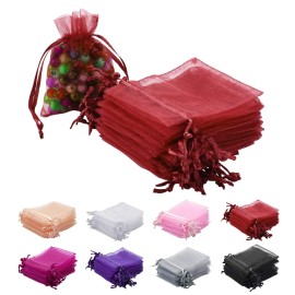 MOTYAWN 100pcs Red Organza Gift Pouches - 2x3 Inch Sheer Drawstring Bags for Jewelry, Wedding, Party & Christmas Favor Gifts