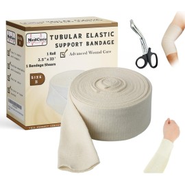 Premium Elastic Tubular Compression Medical Bandage Size B Stockinette, 2.5 inches x 33 Feet. Reusable Elastic Bandage Sleeve Wraps Plus One Pair of Medical Scissors