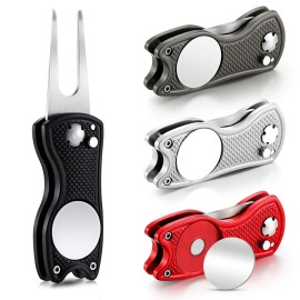 Skylety 4 Pcs Golf Divot Repair Tool Metal Foldable Golf Divot Tool with Magnetic Pop-up Button Ball Marker Stainless Steel Switchblade for Golfers Prizes(Red, Silver, Gray, Black)