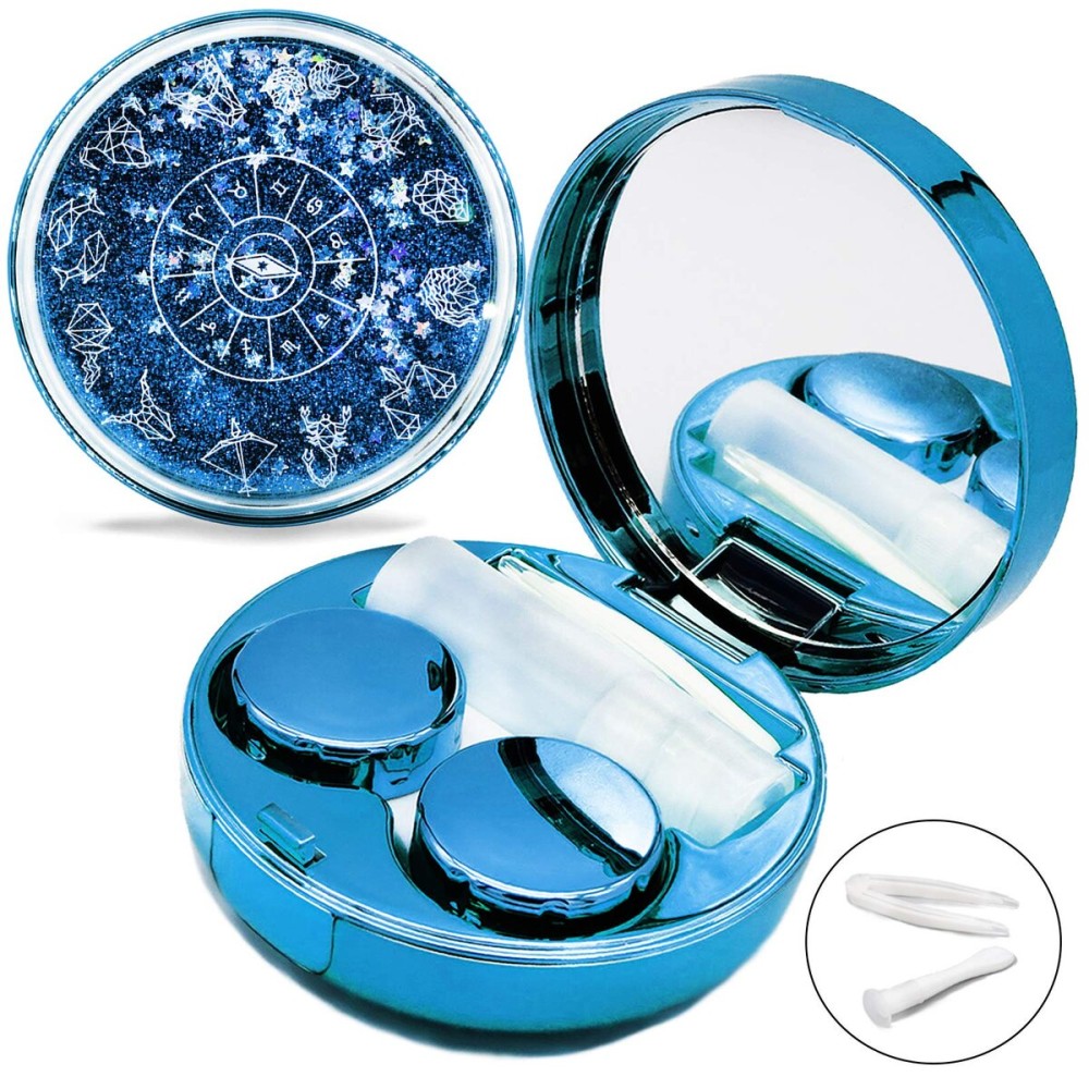 Vastsoon Contact Lens Case, Cute Travel Size Eye Colored Contacts Lenses Applicator Remover Tool Kit with Mirror Solution Bottle for Daily Outdoor (Blue)