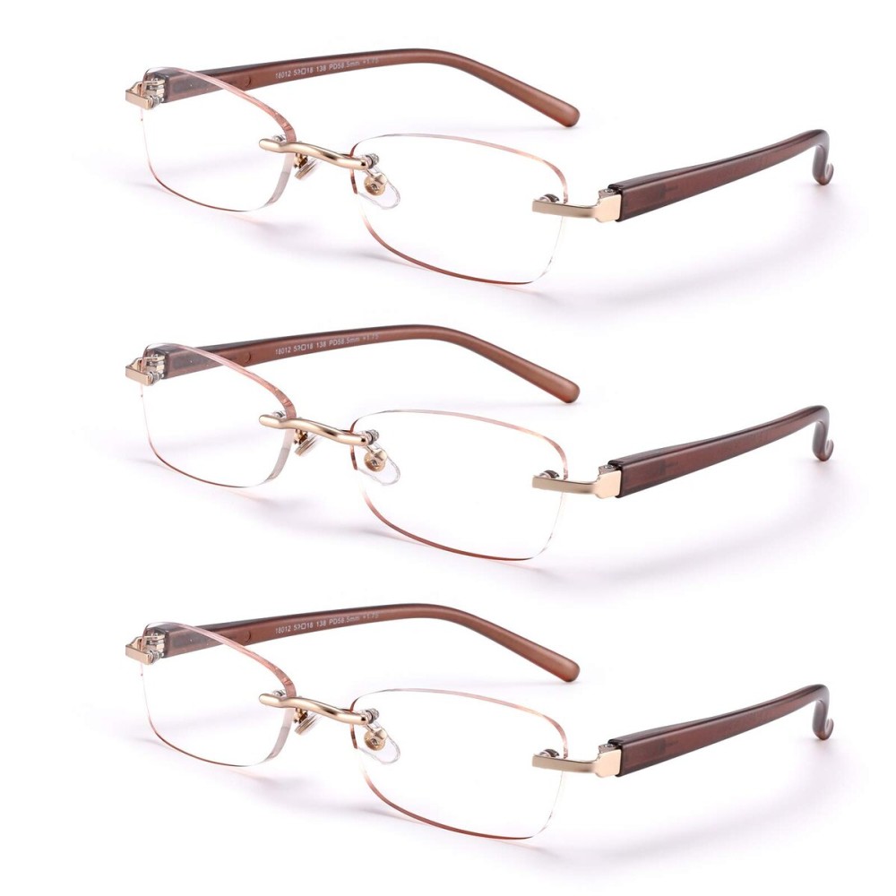 FEIVSN 3-Pack Rimless Reading Glasses For Women, Lightweight Spring Hinge Readers, Classic Elegant Artistic Eyeglasses UV 400 (Brown 2.25 Etc)