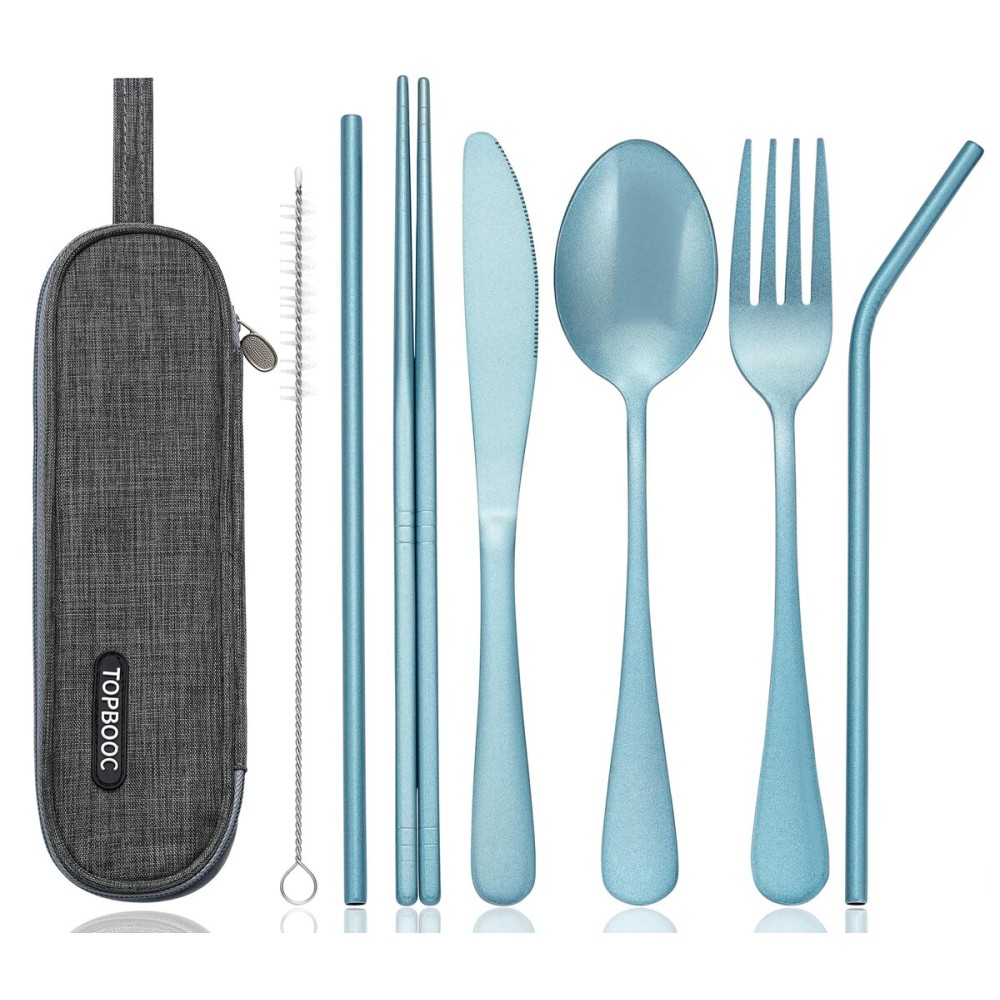 Portable Stainless Steel Flatware Set, Travel Camping Cutlery Set, Portable Utensil Travel Silverware Dinnerware Set with a Waterproof Case (Light Blue)