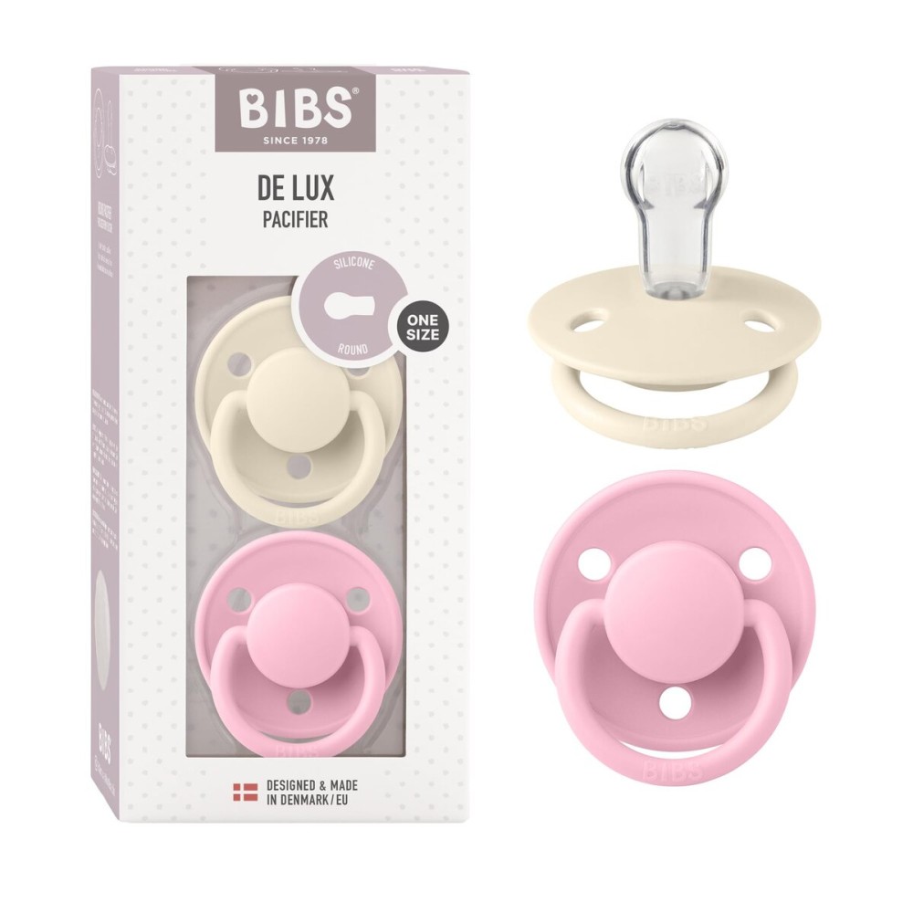BIBS De Lux Baby Pacifier 2-Pack | Made in Denmark | BPA Free Dummy Soother, Round Nipple. Silicone, OneSize (0-36 Months), Ivory/Baby Pink