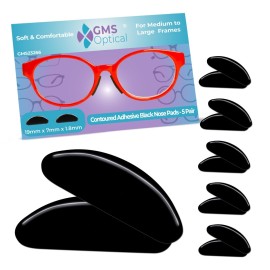 GMS Optical 1.8mm Reg-Thick/19mm Long - Anti-Slip Adhesive Contoured Silicone Nose Pads for Glasses & Sunglasses (5 Pair-1 Pack)(5 Total Pair)(Black)