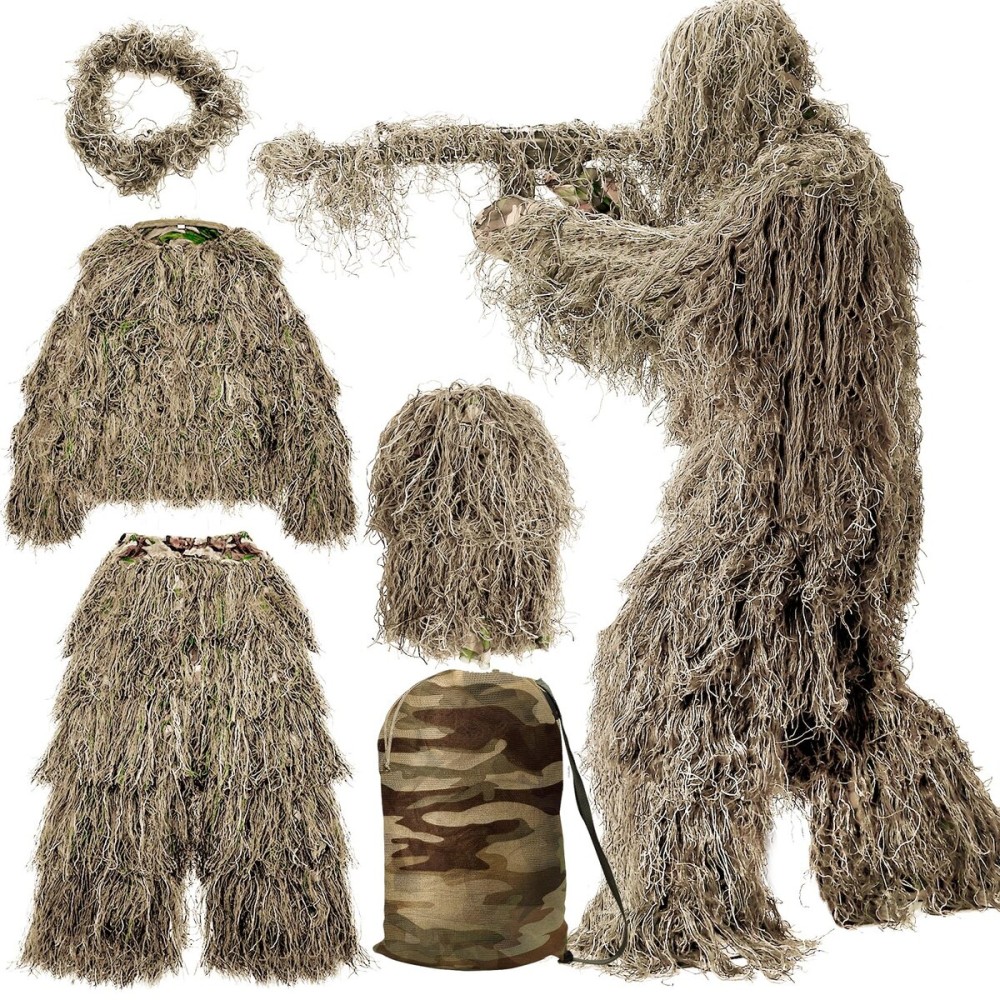MOPHOTO 5 in 1 Ghillie Suit 3D Camouflage Hunting Suits - Jacket, Pants, Hood, Carry Bag for Adults & Youth, M/L/XL/XXL