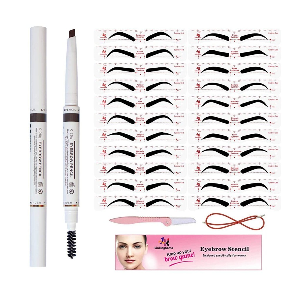 Eyebrow Stencil & Eyebrow Pencil, 30 Eyebrow Shaper Kit, Reusable Eyebrow Template With Strap & Eyebrow Razor, Waterproof Eyebrow Pen, 3 Minutes Makeup, Suitable for 98%