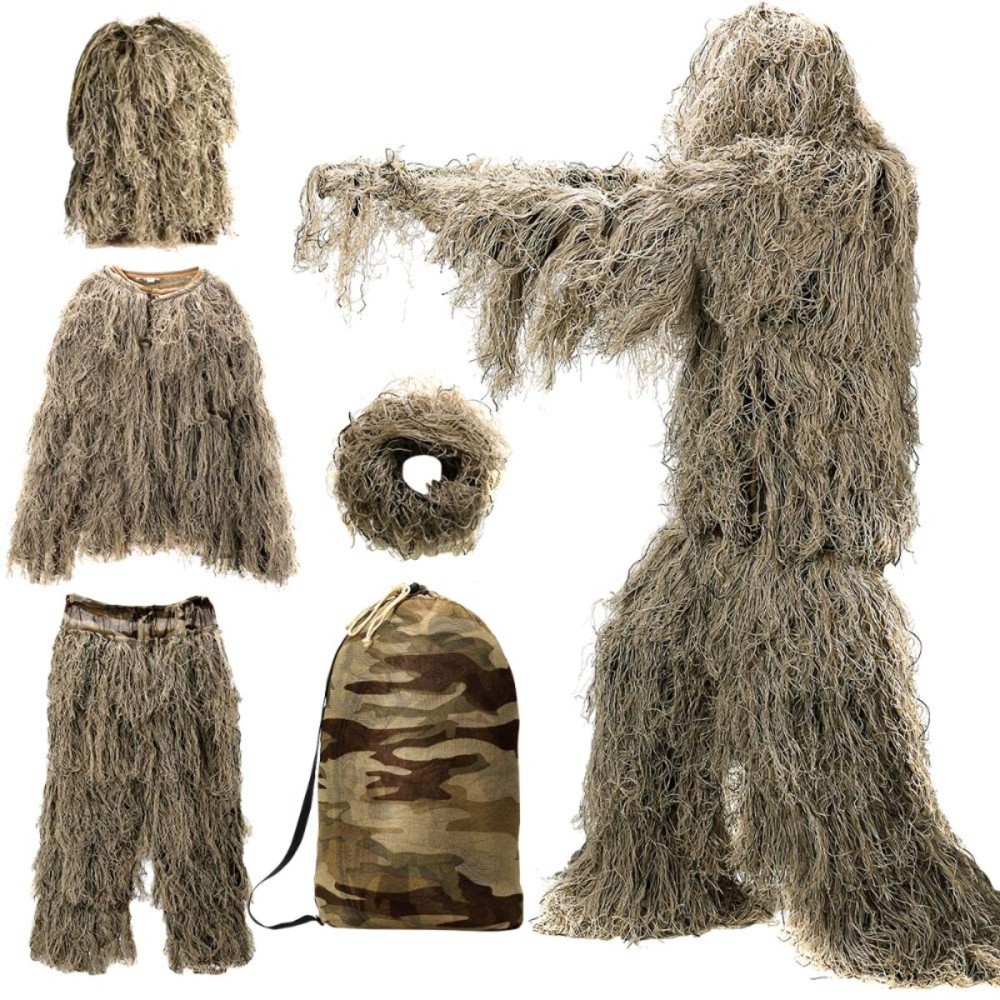 DoCred Ghillie Suit, 3D Camouflage Hunting Apparel 5 in 1 Ghillie Suit Including Jacket, Pants, Hood, Carry Bag, Camo Hunting Clothes for Men, Adults, Youth