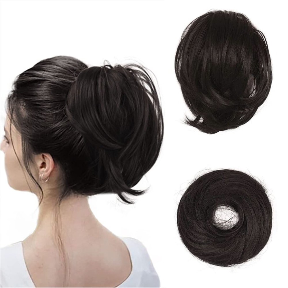 BARSDAR Brown Hair Bun Extensions - Short Straight Ponytail Hair Bun Extensions for Women, Synthetic Heat-Resistant Hairpieces - Dark Brown