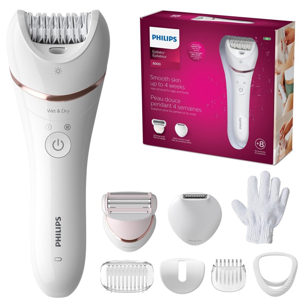 Philips Epilator Series 8000, Wet & Dry, 3-in-1 with Shaver & Trimmer Attachments for Women, 8 Accessories Included, BRE720/14