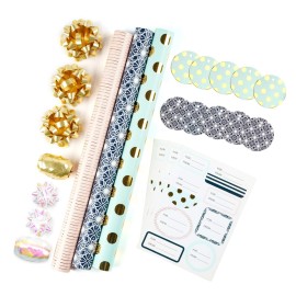 MAYPLUSS Wrapping Paper Set - Mini Roll with Bow & Ribbon & Gift Tags & Stickers - 17 inch X 120 inch Per roll - Pink Gold Stripe, Blue Polka dots and Black Floral Design (42.3 sq.ft.ttl)