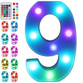 Foaky Colorful LED Number Lights with Remote, Marquee Light Up Number Sign for Night Light Wedding/Birthday Party Battery Powered Christmas Lamp Home Bar Decoration (9)
