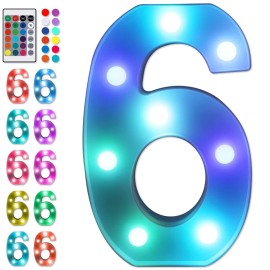 Foaky Colorful LED Number Lights with Remote, Marquee Light Up Number Sign for Night Light Wedding/Birthday Party Battery Powered Christmas Lamp Home Bar Decoration (6)