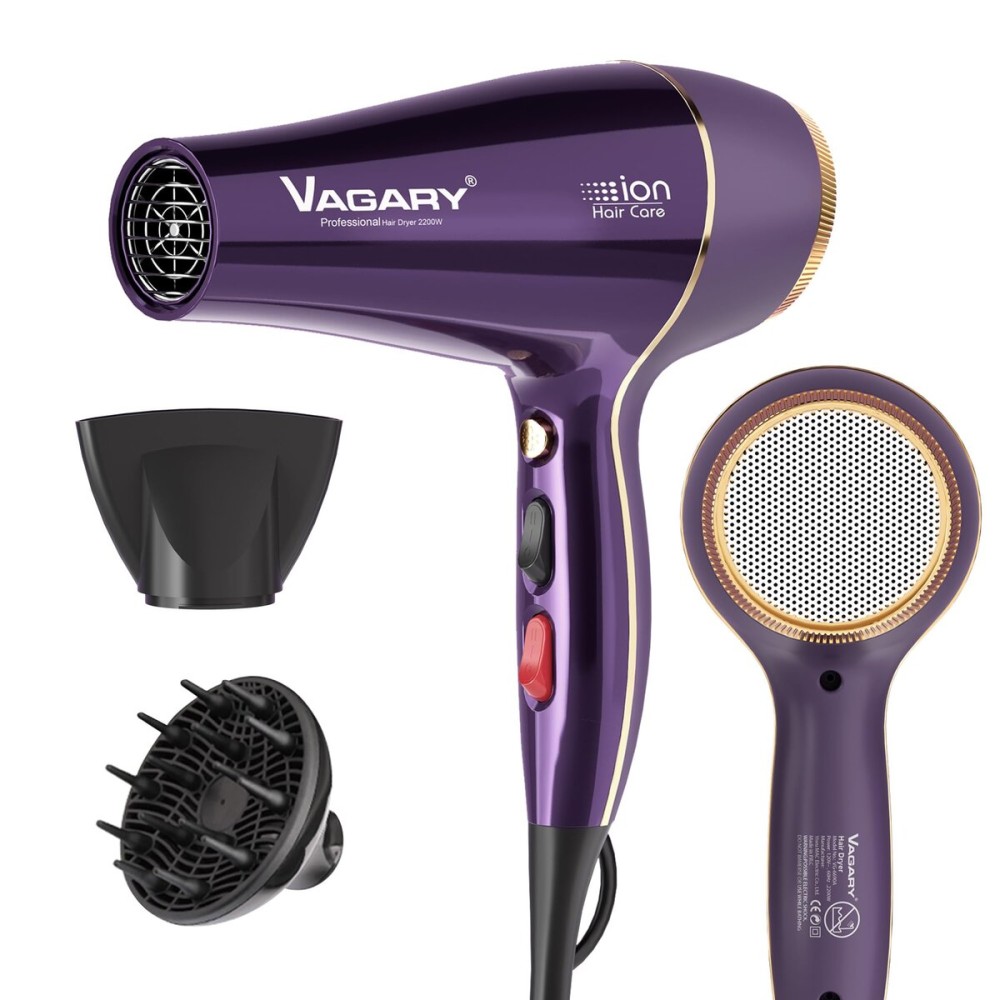 VAGARY 6690A Salon Pro Hair Dryer for Women,2200w Powerful AC Motor Fast Drying, Ionic Blow Dryer for Thick Hair,2 Speeds and 2 Heat Settings 1 Cool Shot Button(1 Diffuser and 1Concentrator)