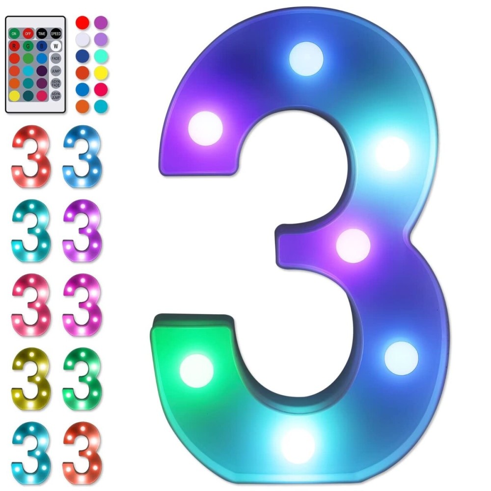 Foaky Colorful LED Number Lights with Remote,MarqueeLight Up Number Sign for Night Light Wedding/Birthday Party Battery Powered Christmas Lamp Home Bar Decoration (3)