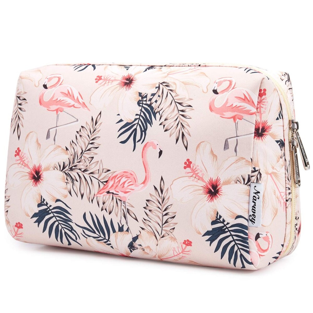 Narwey Cute Makeup Bag Travel Cosmetic Bag Organizer Toiletry Bag Make Up Bags with Compartments for Women Girls (Large, Beige Flamingo)