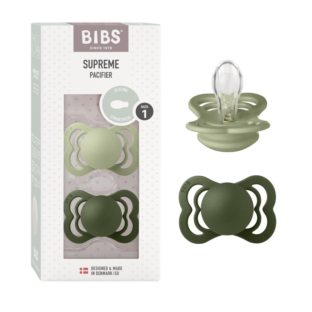 BIBS Supreme Baby Pacifier 2-Pack | Made in Denmark | BPA Free Dummy Soother, Symmetrical Nipple. Silicone, Size 1 (0-6 Months), Sage/Hunter Green