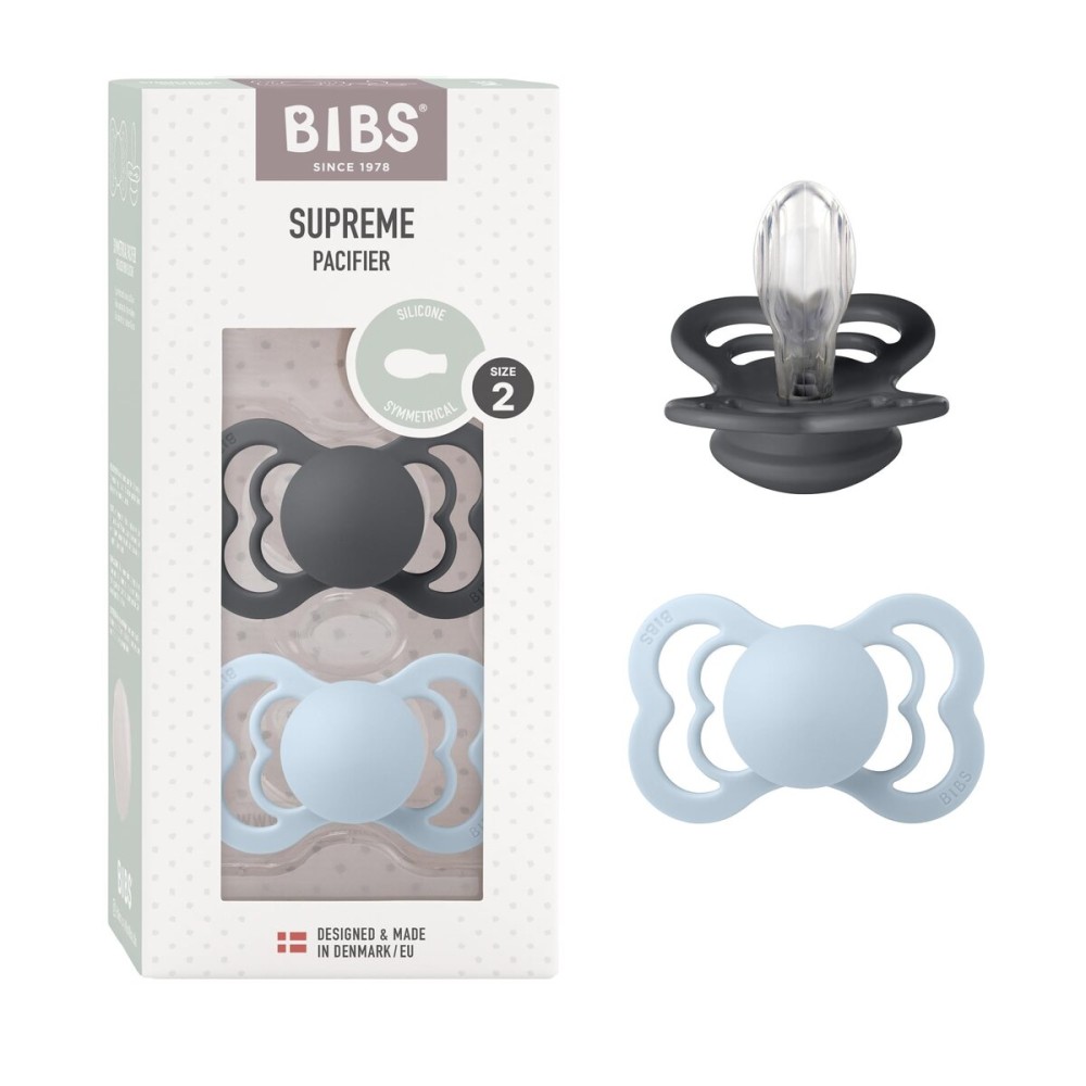 BIBS Pacifiers - Supreme Collection | BPA-Free Baby Pacifier | Made in Denmark | Set of 2 Iron/Baby Blue Color Premium Soothers | Size 6-18 Months