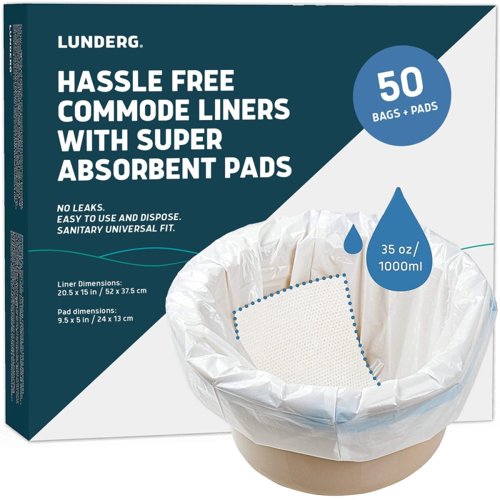 Lunderg Commode Liners with Absorbent Pads - Value Pack Medical Grade 50 Count Universal Fit - Disposable Bedside Commode Liners & Pads for Adult Chairs, Portable Potty Buckets & Camping Toilet Bags