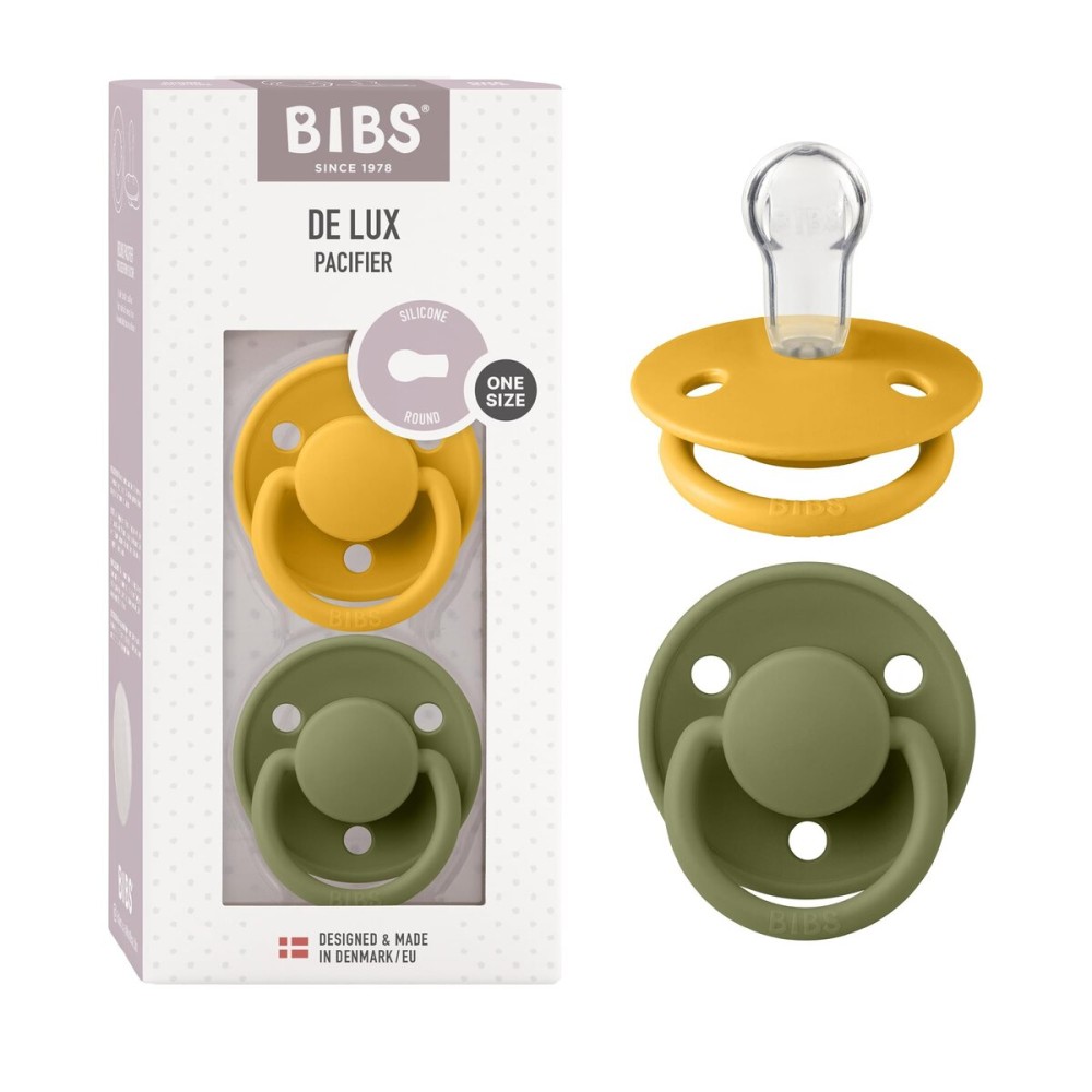 BIBS De Lux Baby Pacifier 2-Pack | Made in Denmark | BPA Free Dummy Soother, Round Nipple. Silicone, OneSize (0-36 Months), Honey Bee/Olive