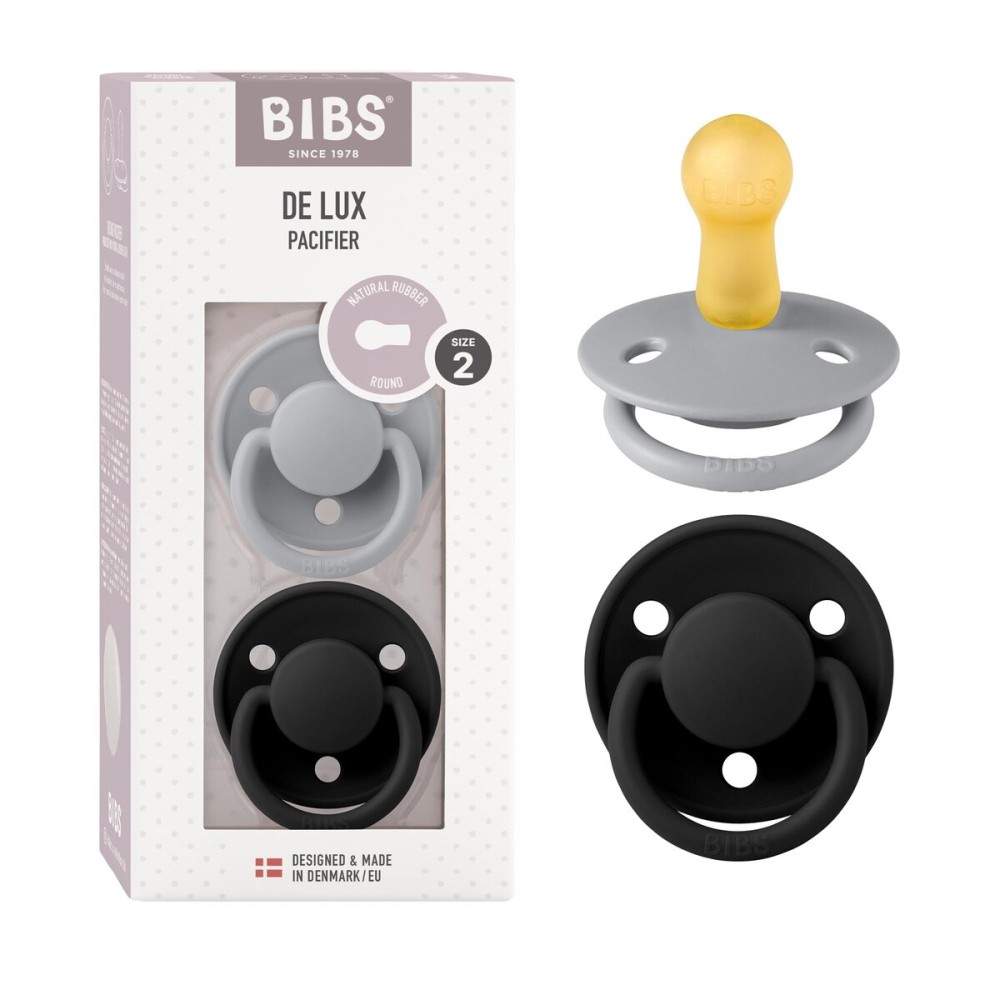 BIBS Pacifiers - De Lux Collection | BPA-Free Baby Pacifier | Made in Denmark | Set of 2 Cloud/Black Color Premium Soothers | Size 6-18 Months