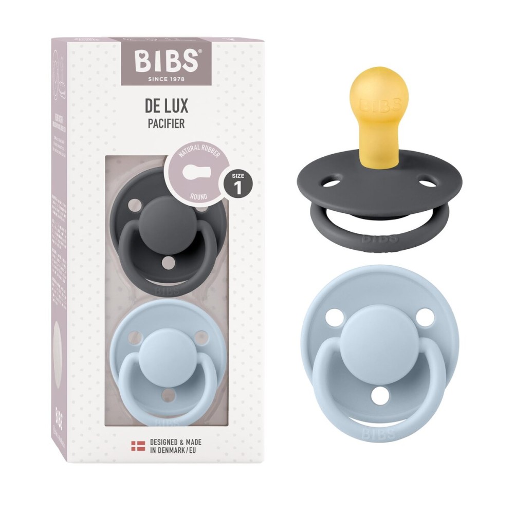 BIBS Pacifiers - De Lux Collection | BPA-Free Baby Pacifier | Made in Denmark | Set of 2 Iron/Baby Blue Color Premium Soothers | Size 0-6 Months