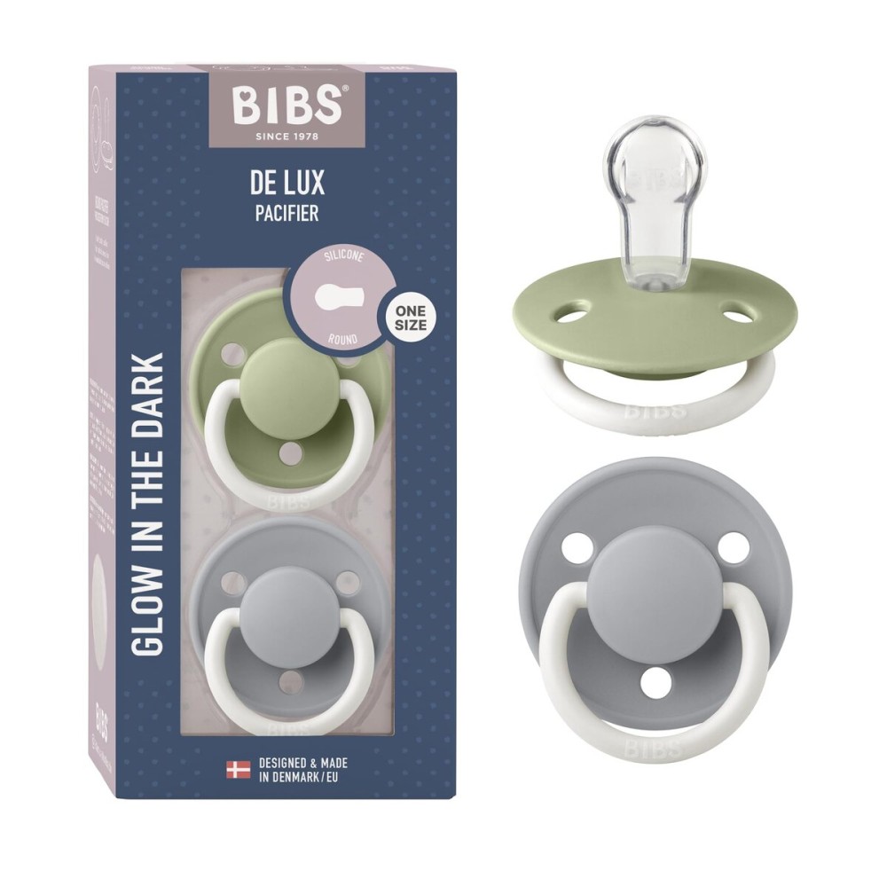 BIBS Pacifiers - De Lux Collection | BPA-Free Baby Pacifier | Made in Denmark | Set of 2 Sage Night/Cloud Night Color Premium Soothers | Size One Size