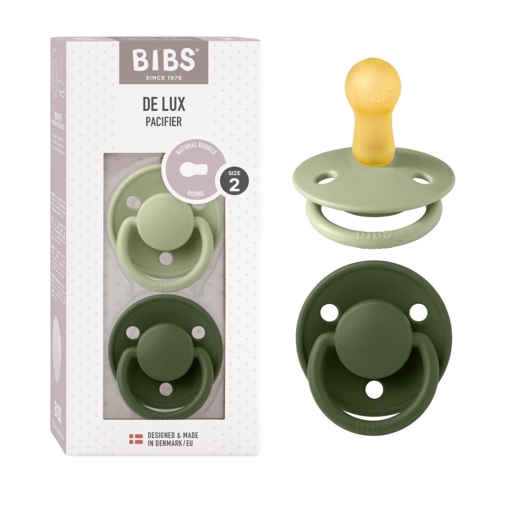 BIBS De Lux Baby Pacifier 2-Pack | Made in Denmark | BPA Free Dummy Soother, Round Nipple. Natural Rubber Latex, Size 2 (6-18 Months), Sage/Hunter Green