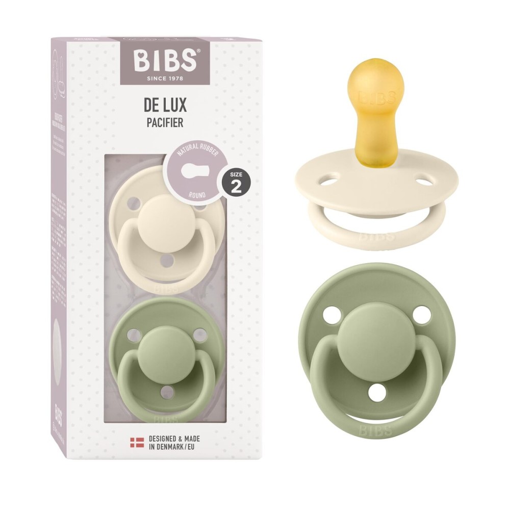 BIBS Pacifiers - De Lux Collection | BPA-Free Baby Pacifier | Made in Denmark | Set of 2 Ivory/Sage Color Premium Soothers | Size 6-18 Months
