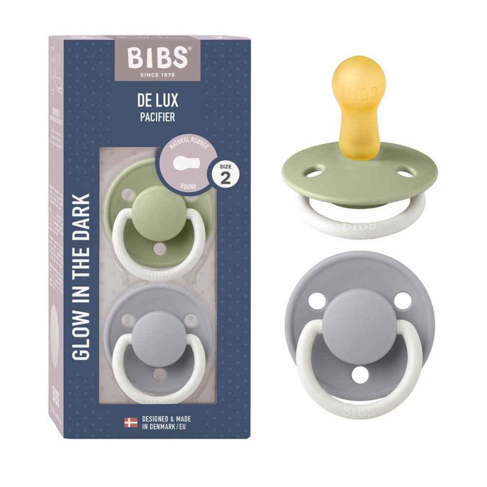 BIBS Pacifiers - De Lux Collection | BPA-Free Baby Pacifier | Made in Denmark | Set of 2 Sage Night/Cloud Night Color Premium Soothers | Size 6-18 Months