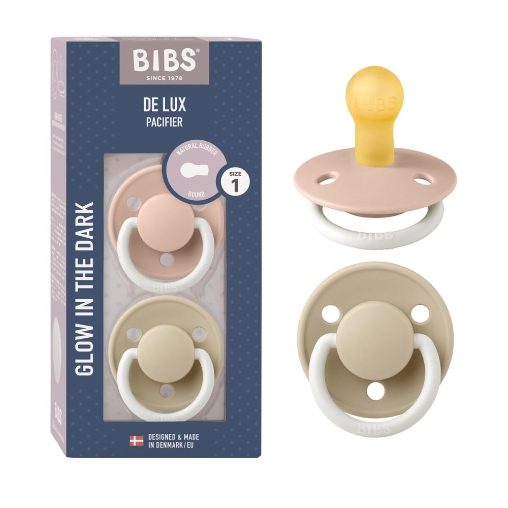 BIBS Pacifiers - De Lux Collection | BPA-Free Baby Pacifier | Made in Denmark | Set of 2 Blush Night/Vanilla Night Color Premium Soothers | Size 0-6 Months