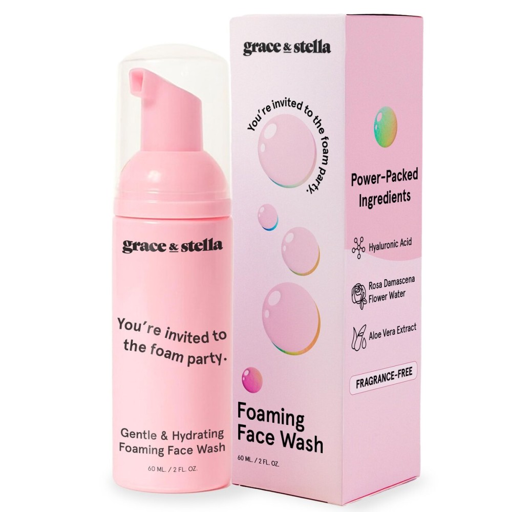 grace & stella Award Winning Travel Face Wash (60ml) Hydrating & Gentle Foaming Facial Cleanser with Hyaluronic Acid, Rose Water, Aloe Vera - Moisturizing Cleansing Foam for Normal to Very Dry Skin