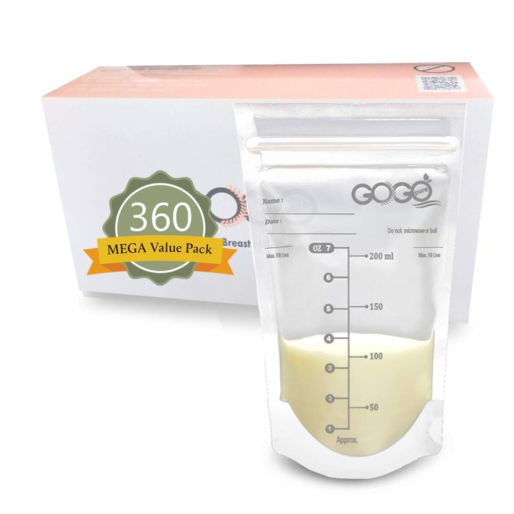 GOGO pure 360 CT (6 Pack of 60 Bags) MEGA Pack Breastmilk Storage Bags - 7 OZ, EACH PRE-STERILIZED By Gamma Ray, BPA Free, Leak Proof Double Zipper Seal, Self Standing, for Refrigeration and Freezing