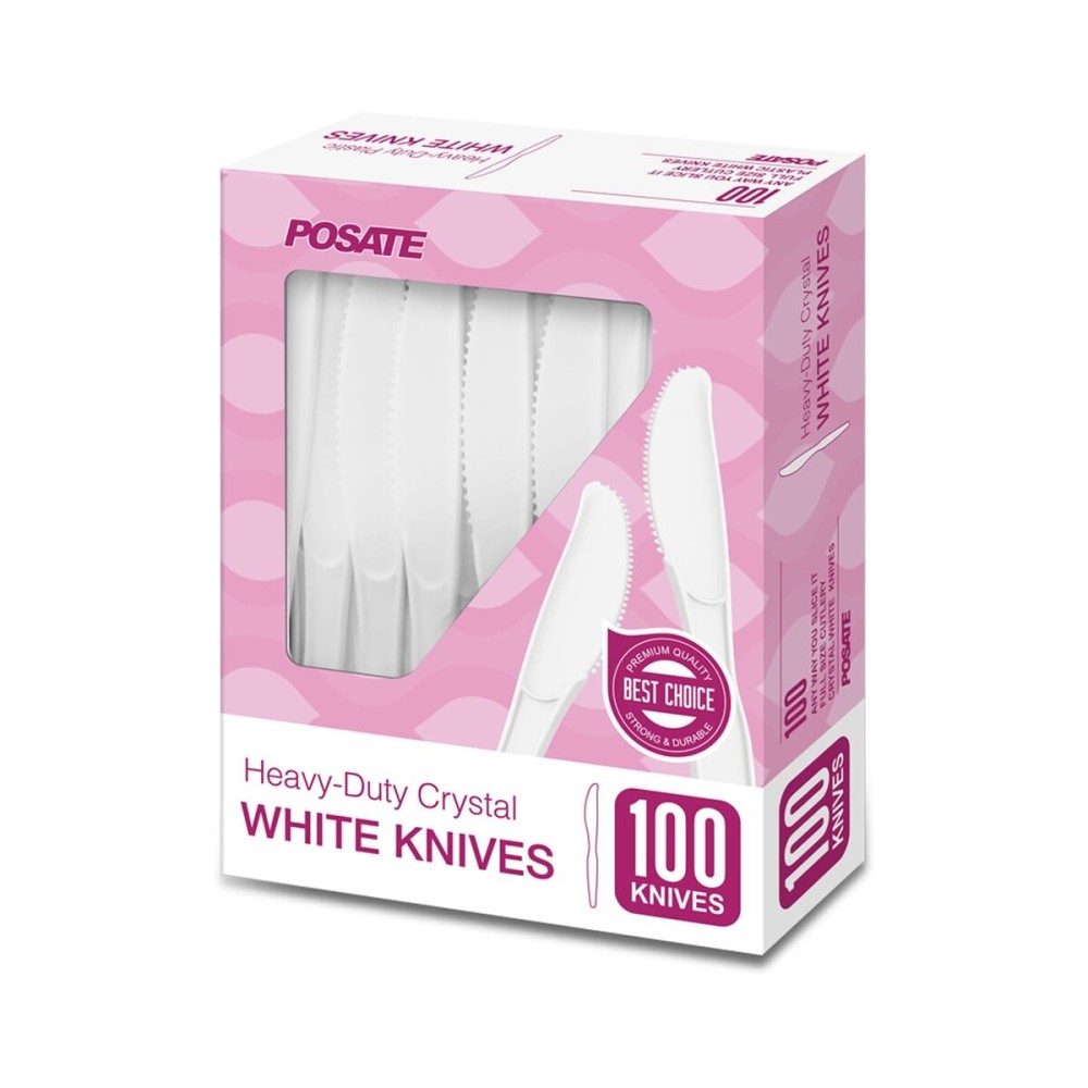 POSATE White Plastic Knives, Heavyweight, 100 Count