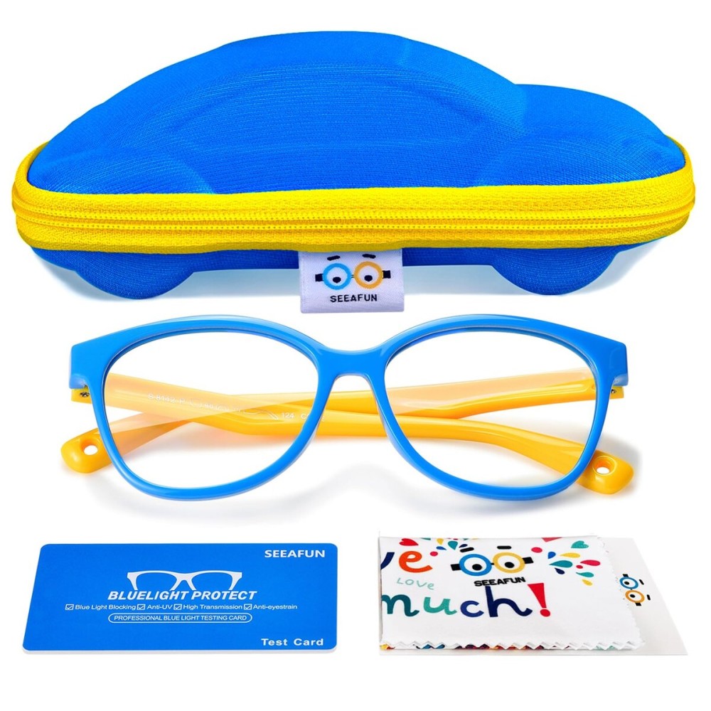SEEAFUN Blue Light Glasses for Kids Girls Boys with Cute Car Case, UV400 Protection, Anti Blue Ray Age3-12