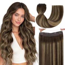 GOO GOO Wire Hair Extensions Human Hair, 4/27/4 Chocolate Brown with Caramel Blonde Balayage 14inch 75g, Invisible Wire Hair Extensions with Transparent, Seamless Fish Line Hairpiece