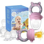 Baby Fruit Food Feeder Pacifier - Fresh Teething Pacifiers, Infant Fruit Teething Teether Toy for 3-24 Months, 6 Pcs Silicone Pouches for Toddlers & Kids & Babies, Piggy Handle 2-Pack (Pink & Gray)