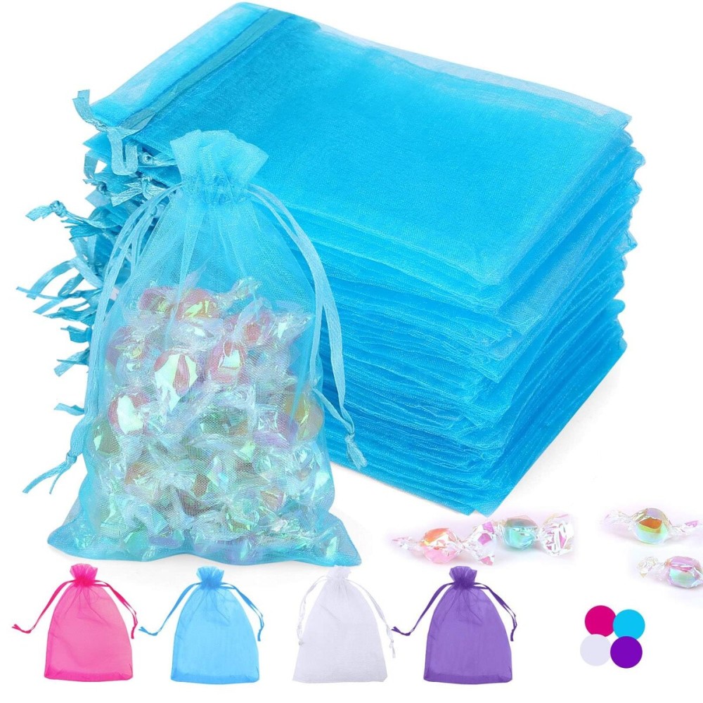 Angooni 100PCS Blue Sheer Organza Bags Gift Drawstring Pouch for Jewelry Party Wedding Favor Party Festival Candy Bags (4x6)