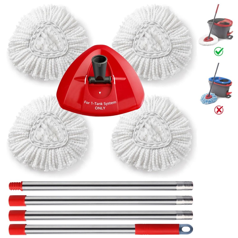 BonusLife Replacement Part Set for Oceda EasyWring Spin Mop 1-Tank System Only, 1 Handle, 1 Base, 4 Refills