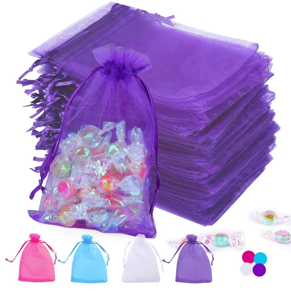 Angooni 4x6 Inches Purple Organza Bags for Jewelry Party Wedding Favor Party Festival Candy, 100 PCS Premium Drawstring Organza Gift Jewelry Pouches