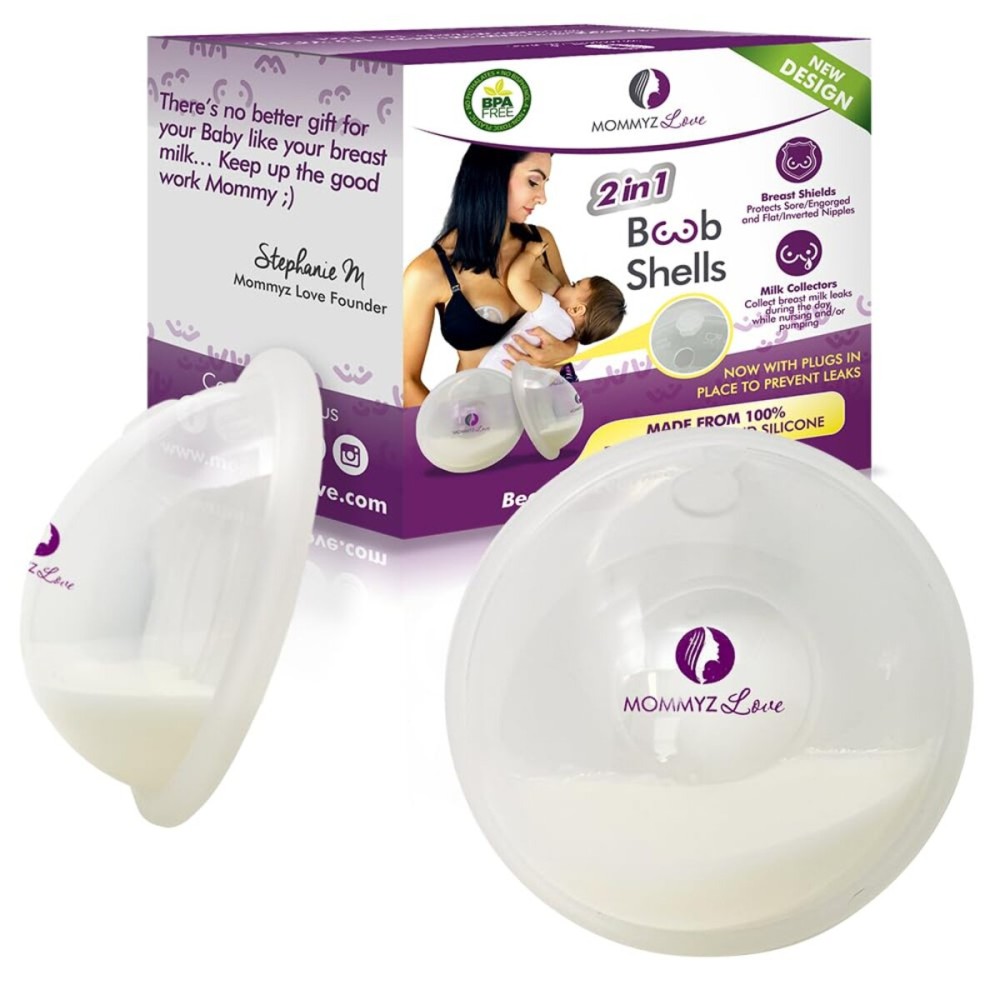Mommyz Love Breast Shells & Milk Catcher for Breastfeeding New Model with Plugs - Breast Milk Catcher to Relieve Cracked Sore & Engorged Nipples - Breast Shells Milk Collector for Leaking Milk 2 Pack