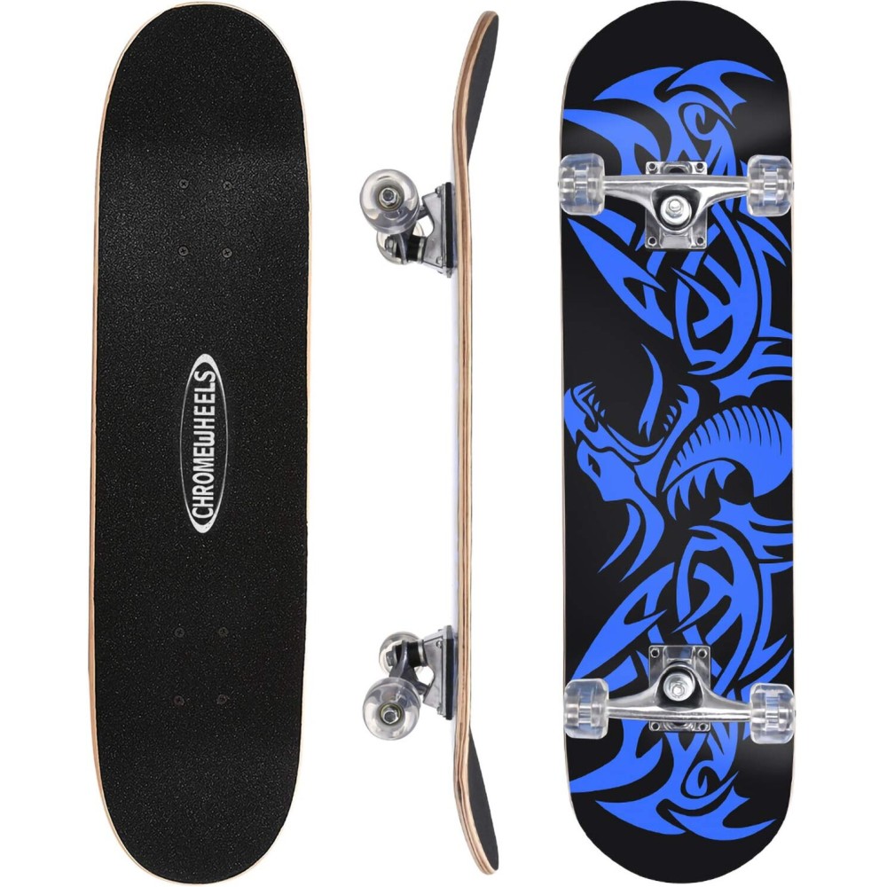 ChromeWheels 31 inch Skateboard Double Kick Skate Board Cruiser Longboard 8 Layer Maple Deck Skateboards for Kids and Beginners